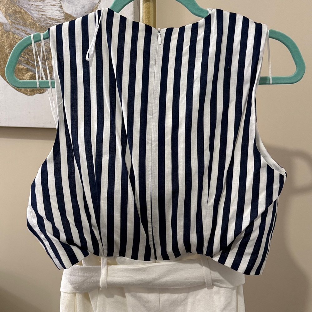 NWT Zara | Belted Linen Dress Waist Cut-out Navy Ivory Nautical coastal vibe - Picture 16 of 16